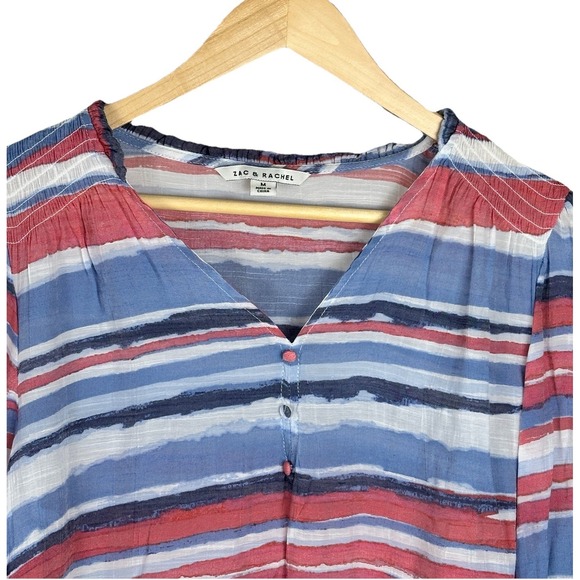 Zac & Rachel Womens Medium Top 3/4 Sleeve V-Neck Red/Blue Striped Pullover Light - Picture 2 of 6